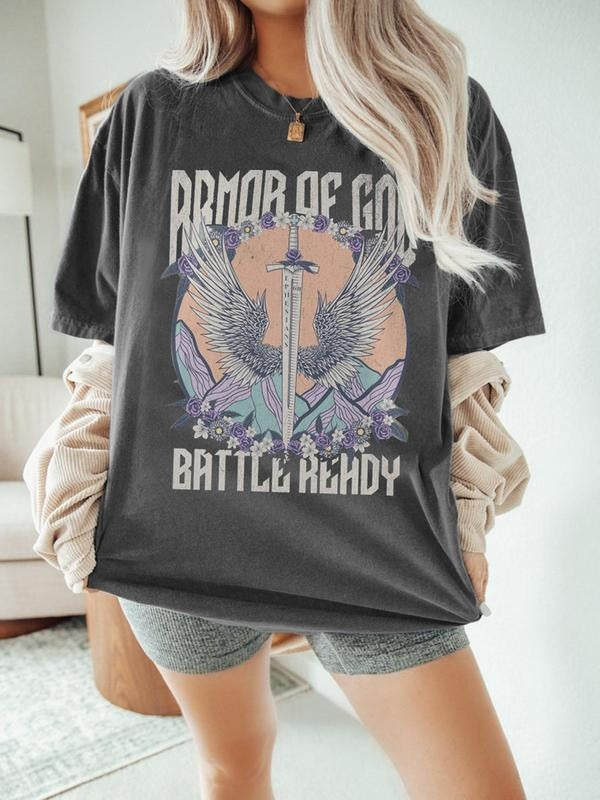 Women's Figure & Wing Print Round Neck Tee, Vintage Trendy Casual Short Sleeve T-shirt for Daily Wear, Ladies Summer...