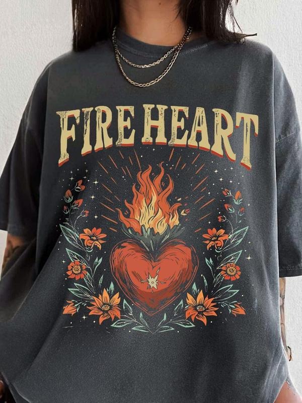 Fire Heart Print Round Neck Vintage Casual Flower & Figure Print Short Sleeve Daily Summer Top Streetwear T-Shirts, Hoodie, Sweatshirt