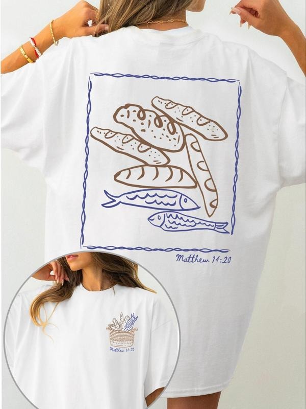Women's Fish & Bread & Basket Print Round Neck Tee, Casual Short Sleeve Crew Neck T-shirt for Summer, Women's Top for...