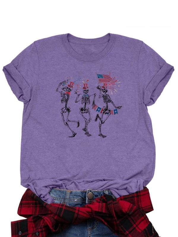 Women's Flag & Skeleton Print Round Neck Graphic Tee, Casual Short Sleeve T-Shirt for Daily Wear, Ladies Clothes for All...