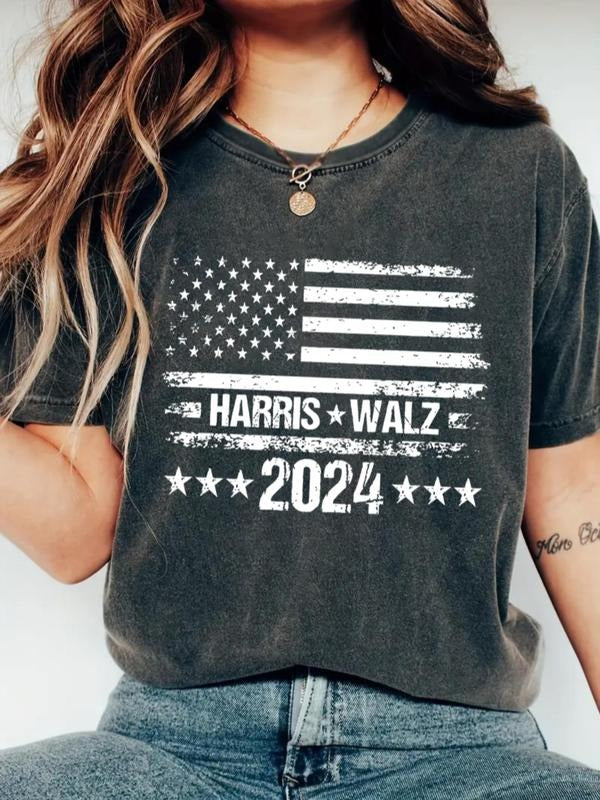 Women's Flag & Stars Print Round Neck Tee, Casual Short Sleeve Crew Neck T-shirt for Daily Wear, Ladies Clothes for All...