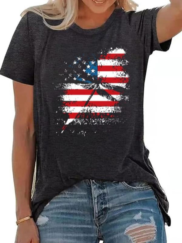 Women's Flag Print Round Neck Tee, Casual Short Sleeve Crew Neck T-shirt for Daily Wear, Ladies Clothes for All Seasons...