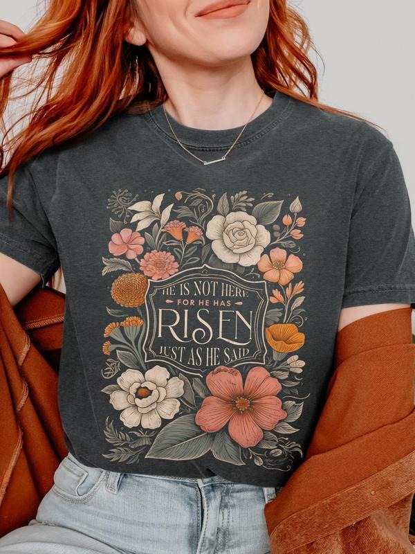 Women's Floral & Bird & Letter Print Round Neck Graphic Tee, Vintage Trendy Casual Short Sleeve T-shirt for Daily Wear,...