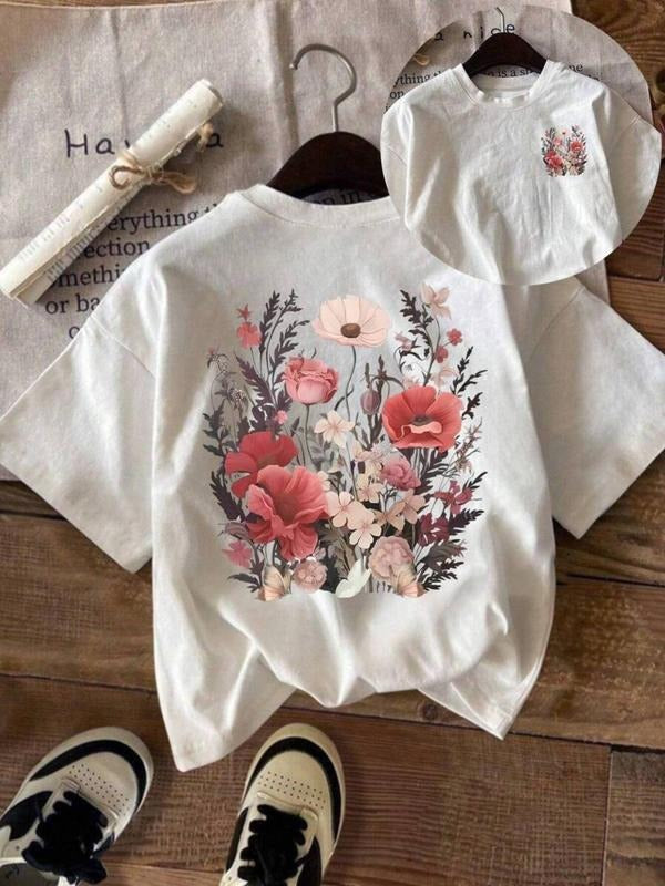 Women's Floral & Bird Print Round Neck Tee, Fashion Casual Crew Neck T-shirt for Daily Holiday Vacation Outdoor Wear,...