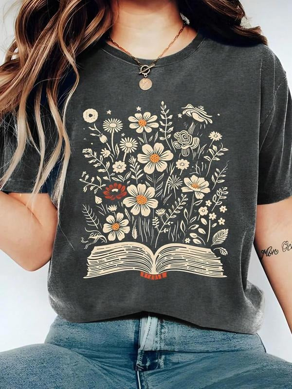 Women's Floral & Book Print Round Neck Graphic Tee, Vintage Trendy Casual Book Graphic Short Sleeve T-shirt for Daily...