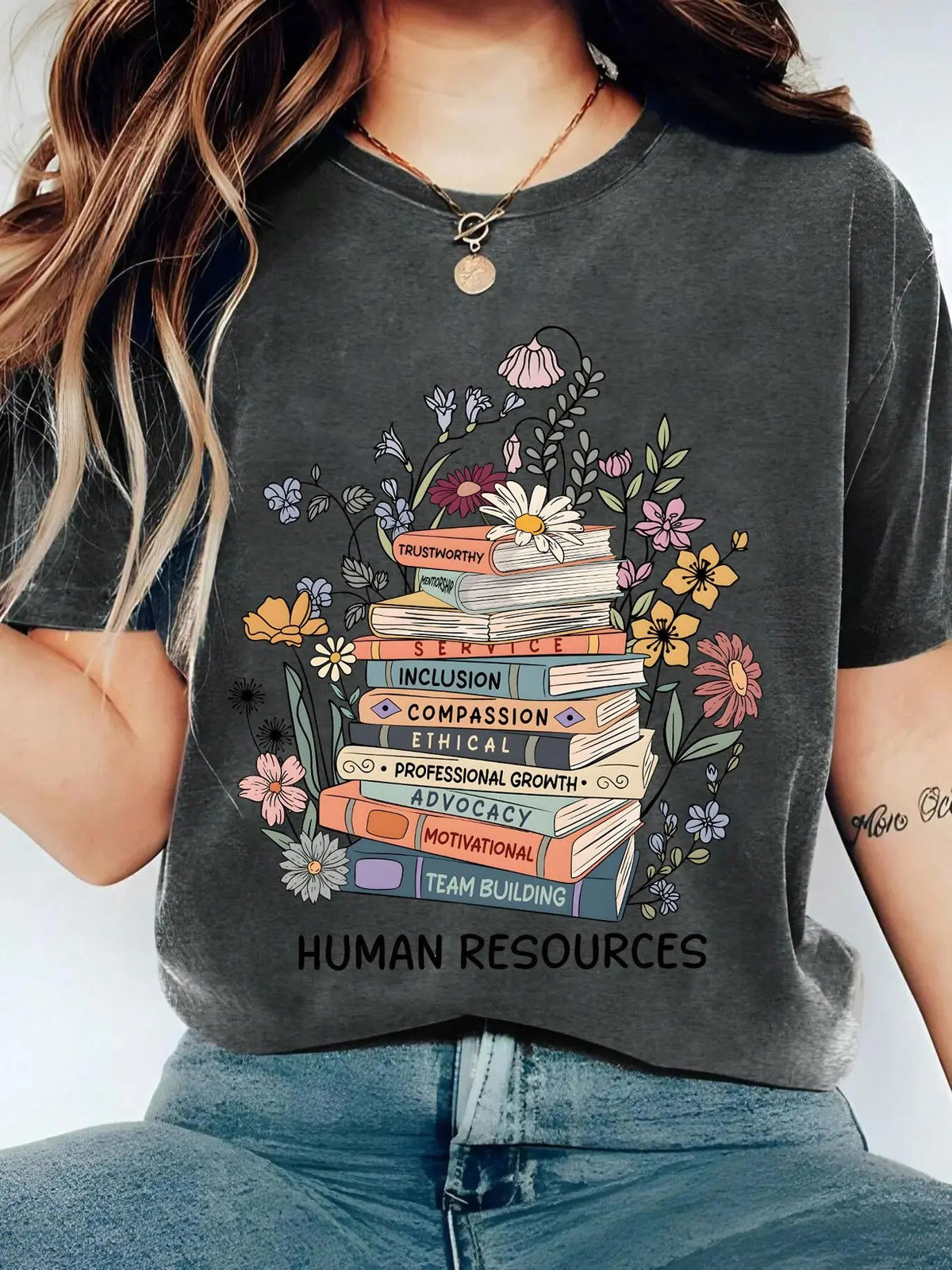 Women's Floral & Book Print Round Neck Graphic Tee, Vintage Trendy Casual Book Graphic Short Sleeve T-shirt for Daily...