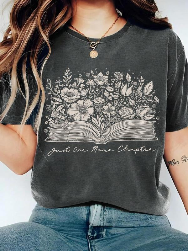 Floral & Book Print Round Neck Vintage Casual Short Sleeve Daily Summer T-Shirts, Hoodie, Sweatshirt