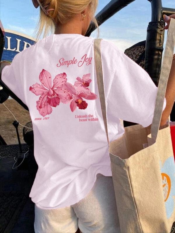 Women's Floral & Butterfly & Figure Print Round Neck Tee, Casual Short Sleeve T-shirt for Summer, Ladies Clothes for...