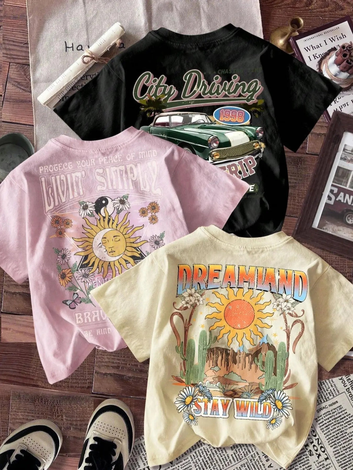 Women's Floral & Car & Letter & Sun Print Round Neck Graphic Tee, Vintage Trendy Casual Short Sleeve T-shirt for Daily...