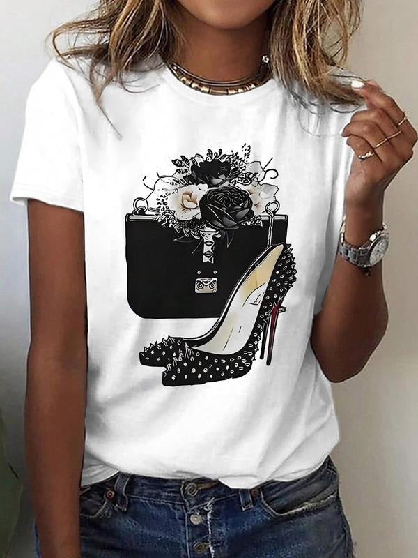 Floral & High Heel Print Round Neck Casual Crew Neck Daily Vacation Outdoor Clothes Summer Top T-Shirts, Hoodie, Sweatshirt