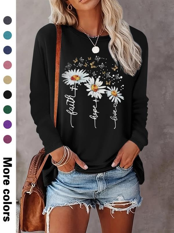 Women's Floral & Letter Print Crew Neck Tee, Casual Long Sleeve T-shirt for Fall & Winter, Women's Top for Daily Wear,...