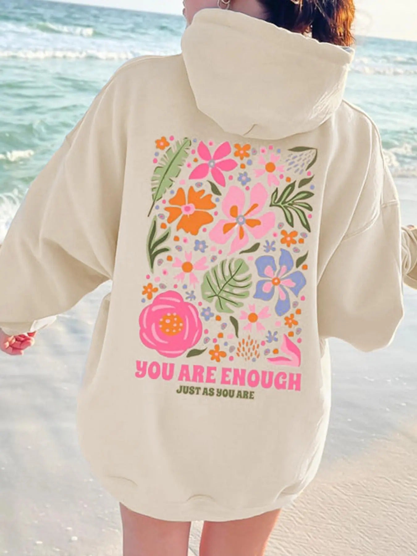 Floral & Letter Print Drawstring Pocket Casual Drop Shoulder Long Sleeve Hooded Fall & Winter Clothes Daily T-Shirts, Hoodie, Sweatshirt