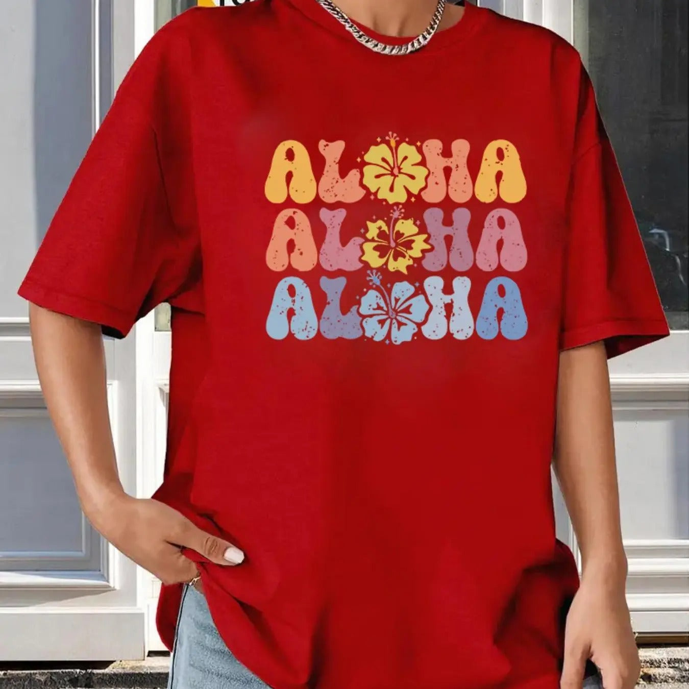 Women's Floral & Letter Print Drop Shoulder Tee, Casual Half Sleeve Round Neck T-shirt for Summer, Fashion Women's Top...