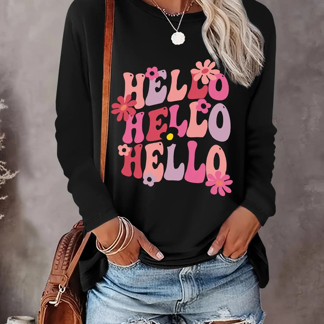 Women's Floral & Letter Print Drop Shoulder Tee, Casual Long Sleeve Round Neck T-shirt for Daily Wear, Women's Clothing...