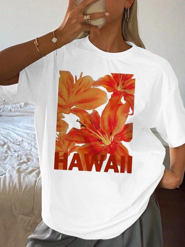 Women's Floral & Letter Print Round Neck Tee, Casual Hawaii Graphic T-shirt for Summer, Women's Top for Daily Wear Hoodie...