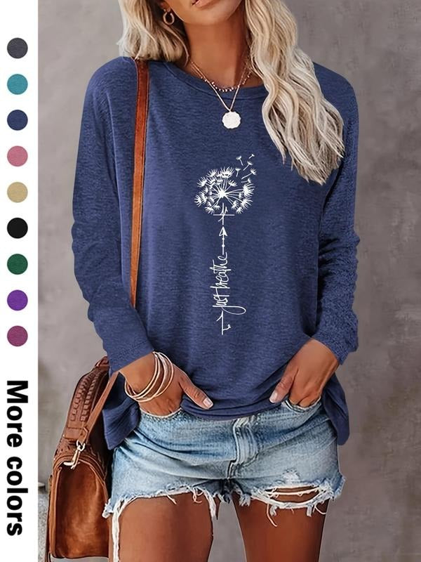 Women's Floral & Letter Print Round Neck Tee, Casual Long Sleeve Crew Neck T-shirt for Daily Wear, Ladies Clothes for All...