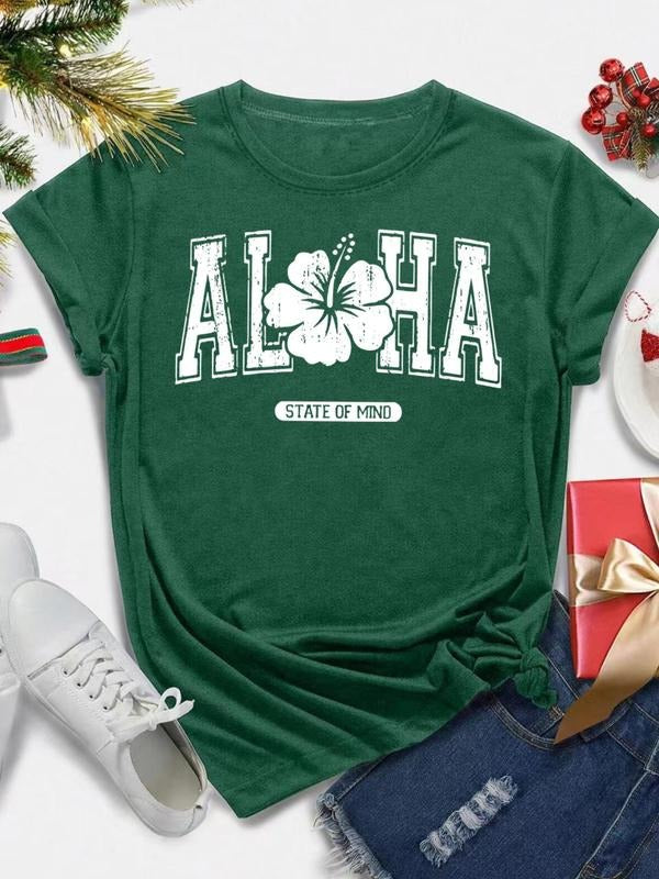 Women's Floral & Letter Print Round Neck Tee, Casual Short Sleeve Crew Neck T-shirt for All Seasons, Fashion Women's Top...