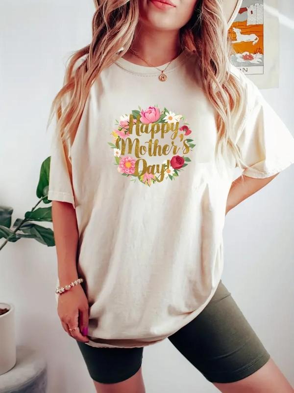 Women's Floral & Letter Print Round Neck Tee, Casual Short Sleeve Crew Neck T-shirt for Daily Wear, Ladies Clothes for...