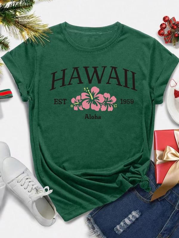 Women's Floral & Letter Print Round Neck Tee, Casual Short Sleeve Crew Neck T-shirt for Daily Wear, Ladies Clothes for...