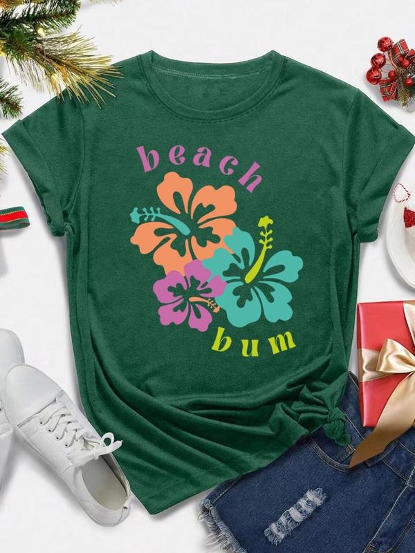 Women's Floral & Letter Print Round Neck Tee, Casual Short Sleeve Crew Neck T-shirt for Daily Wear, Ladies Clothes for...