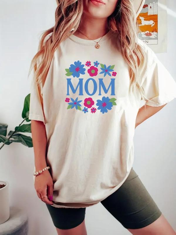 Women's Floral & Letter Print Round Neck Tee, Casual Short Sleeve Crew Neck T-shirt for Daily Wear, Ladies Clothes for...