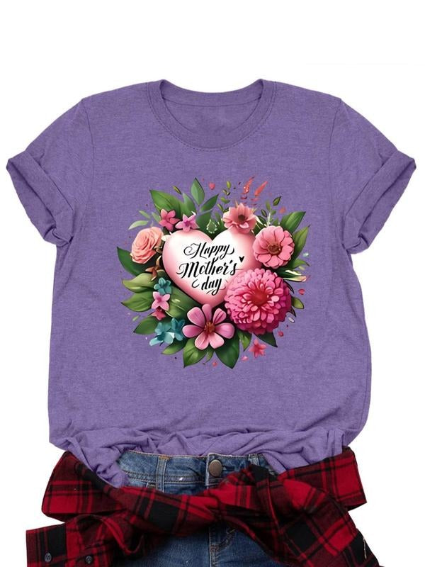 Women's Floral & Letter Print Round Neck Tee, Fashion Casual Crew Neck T-Shirt for Daily Holiday Vacation Outdoor Wear,...