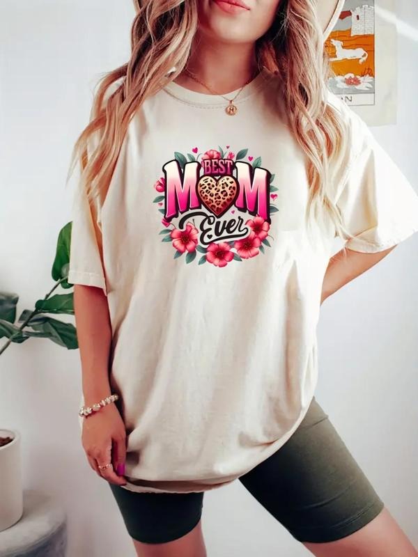 Women's Floral & Letter Print Round Neck Tee, Fashion Casual Crew Neck T-Shirt for Daily Holiday Vacation Outdoor Wear,...
