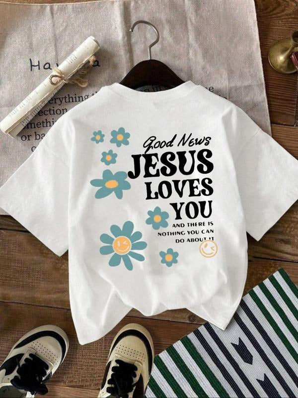 Women's Floral & Letter Print Round Neck Tee, Fashion Casual Crew Neck T-Shirt for Daily Holiday Vacation Outdoor Wear,...