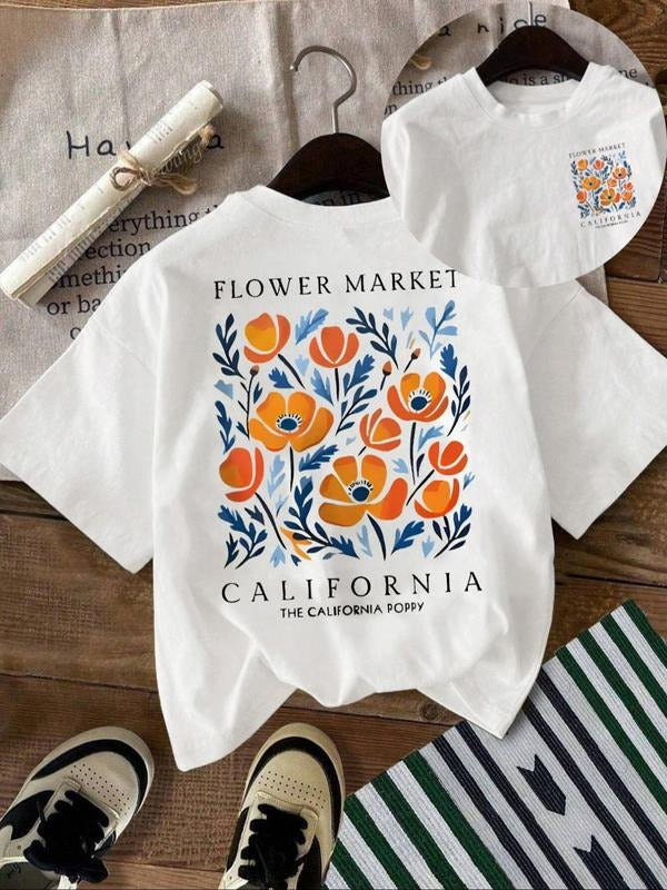 Floral & Letter Print Round Neck Casual Short Sleeve Daily Summer Top T-Shirts, Hoodie, Sweatshirt