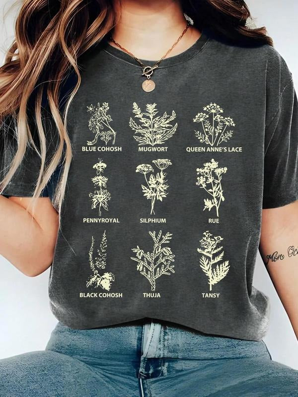 Women's Floral & Plants Print Round Neck Tee, Vintage Trendy Casual Short Sleeve T-shirt for Daily Wear, Ladies Summer...