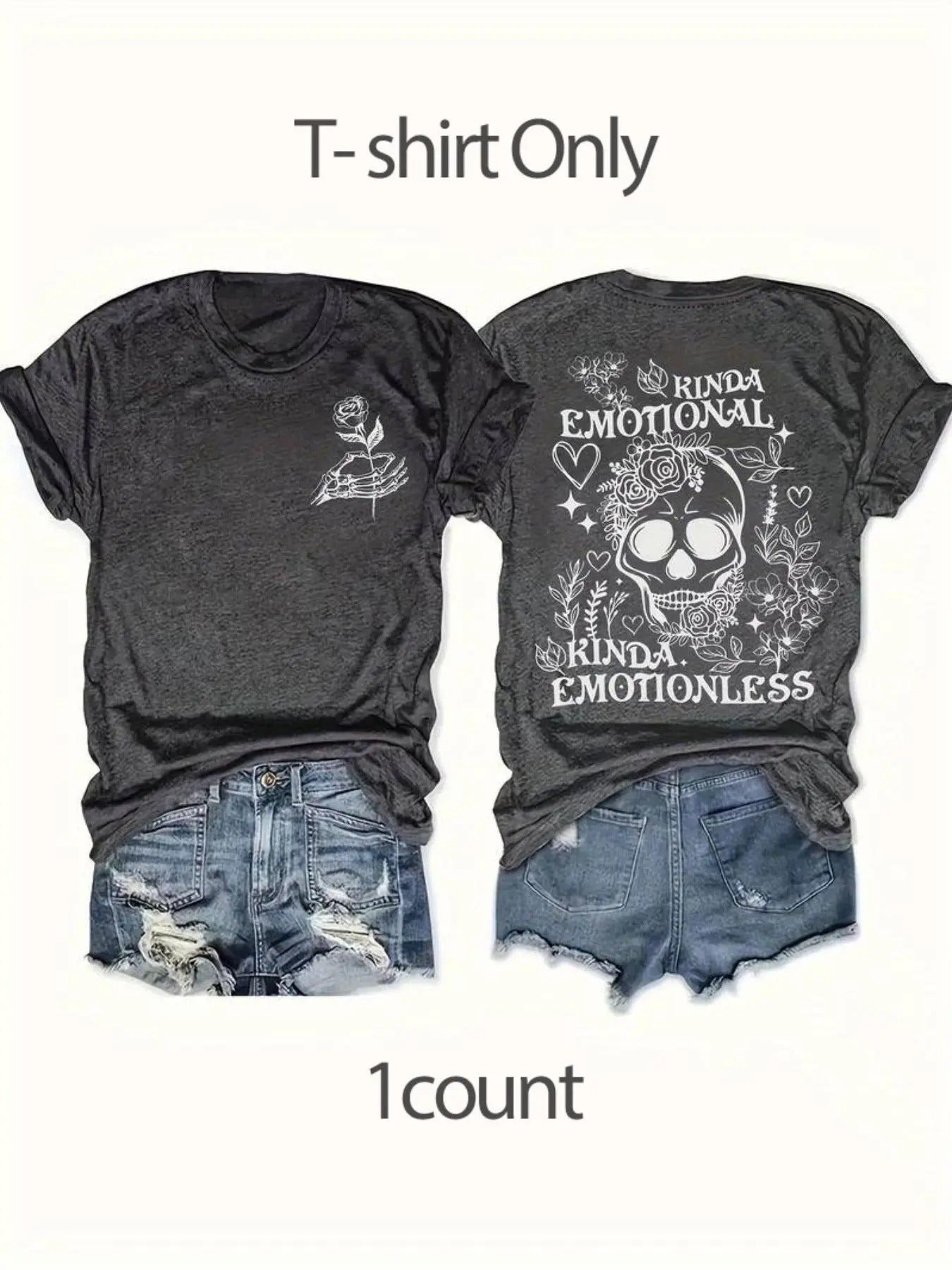 Women's Floral & Skull Print Round Neck Graphic Tee, Vintage Trendy Casual Letter Graphic Short Sleeve T-shirt for Daily...