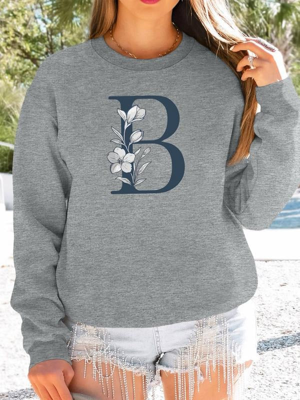 Women's Floral Letter Print Long Sleeve Pullover Sweatshirt, Casual Fitted Round Neck Top for Fall & Winter, Available in...