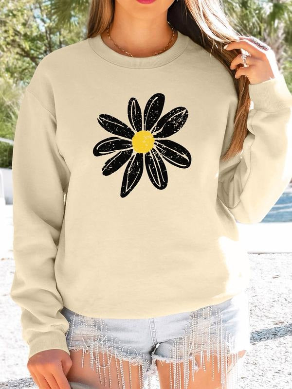Women's Floral Print Long Sleeve Pullover Sweatshirt, Casual Fitted Round Neck Top, Fall & Winter Fashion, Available in 9...