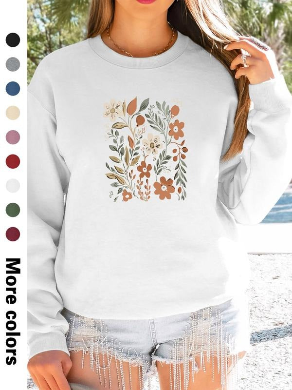 Women's Floral Print Long Sleeve Round Neck Pullover Sweatshirt, Casual Fashion Sportswear, 9 Colors Available Shirt Hoodie
