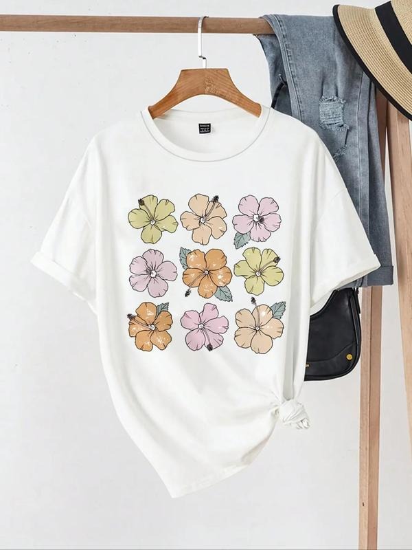 Women's Floral Print Round Neck Graphic Tee, Vintage Trendy Casual Short Sleeve T-shirt For Daily Wear, Ladies All...