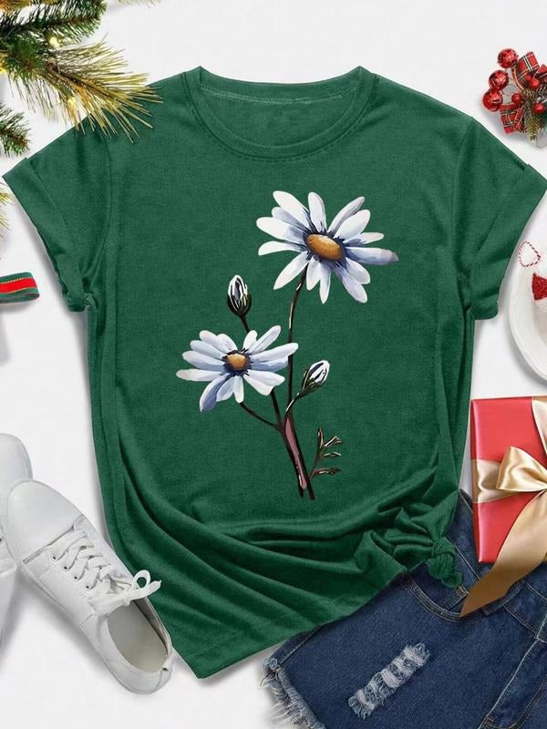 Women's Floral Print Round Neck Tee, Casual Short Sleeve Crew Neck T-Shirt for All Seasons, Fashion Women's Top for Daily...