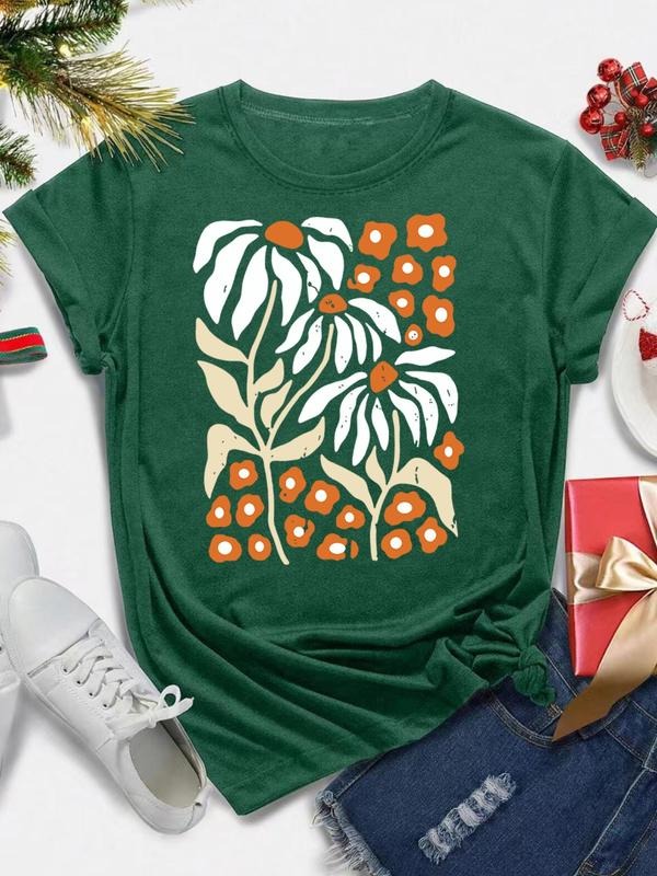 Women's Floral Print Round Neck Tee, Casual Short Sleeve Crew Neck T-shirt for All Seasons, Fashion Women's Top for Daily...