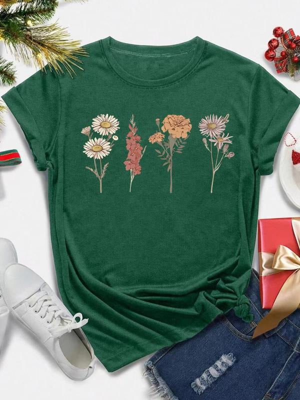 Women's Floral Print Round Neck Tee, Casual Short Sleeve Crew Neck T-shirt for Daily Wear, Ladies Clothes for All Seasons...