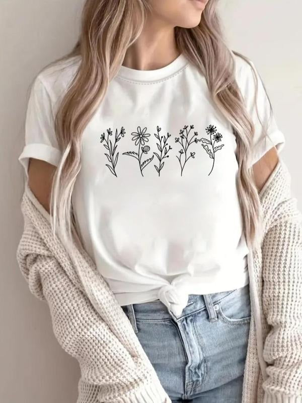 Women's Floral Print Round Neck Tee, Casual Short Sleeve Crew Neck T-shirt for Daily Wear, Ladies Clothes for All Seasons...