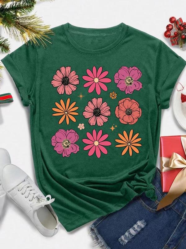 Women's Floral Print Round Neck Tee, Casual Short Sleeve Crew Neck T-shirt for Daily Wear, Ladies Clothes for All Seasons...