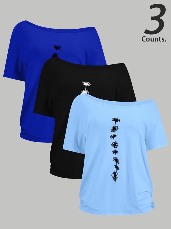 Women's Flower Print One Shoulder Tee, Casual Short Sleeve T-shirt for Summer, Ladies Clothes for Daily Wear, Top Hoodie...