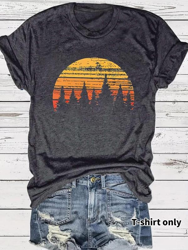 Women's Forest & Sunset Print Round Neck Tee, Casual Short Sleeve Crew Neck T-shirt for Summer, Fashion Women's Top for Daily Wear