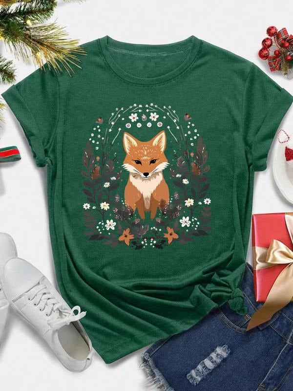 Women's Fox & Plants Print Round Neck Tee, Casual Short Sleeve Crew Neck T-Shirt for All Seasons, Fashion Women's Top for...