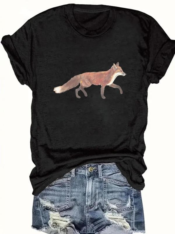 Women's Fox Print Round Neck Tee, Casual Short Sleeve Crew Neck T-shirt for Daily Wear, Ladies Clothes for Summer Hoodie...
