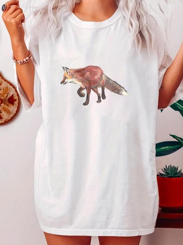 Women's Fox Print Round Neck Tee, Casual Short Sleeve T-shirt for Daily Wear, Ladies Clothes for All Seasons Hoodie...