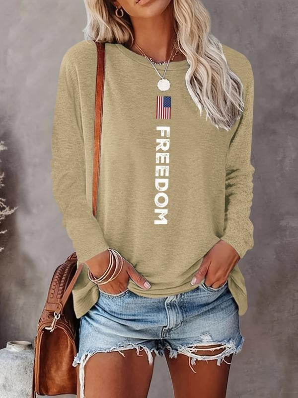 Women's Freedom Letter Print Casual Fitted Long Sleeve Round Neck T-Shirt, Comfortable Fabric, Available in 10 Colors...