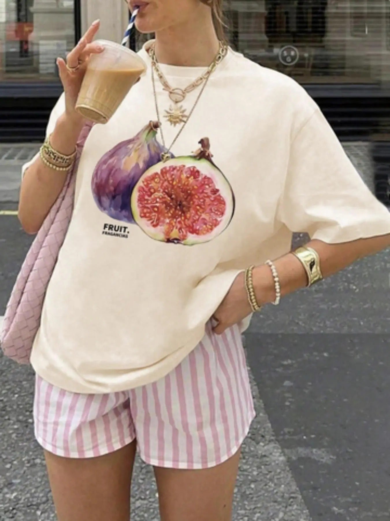 Women's Fruit Print Off Shoulder Tee, Casual Fashion Tight-fitting Short Sleeve T-shirt for Summer, Ladies Clothes for...