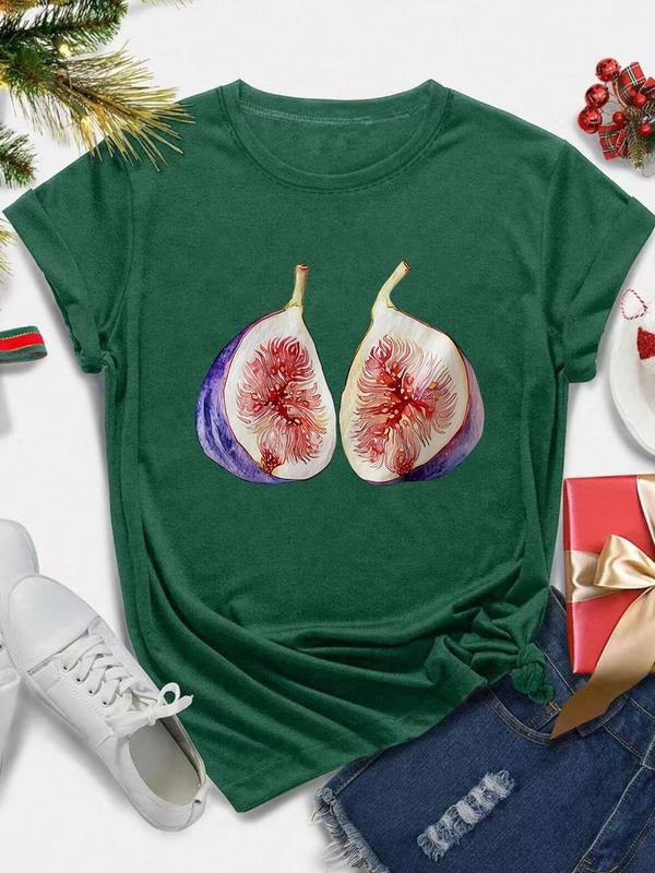 Women's Fruit Print Round Neck Tee, Casual Short Sleeve Crew Neck T-Shirt for All Seasons, Fashion Women's Top for Daily...