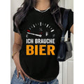 Women's Funny Beer Fuel Gauge Graphic T-Shirt - "Ich Brauche Bier" German Text Design, Black Crew Neck Short Sleeve Casual Tee, Comfort Stretch Fabric, Father's Day Gift for Beer Lovers, Spring & Summer Top