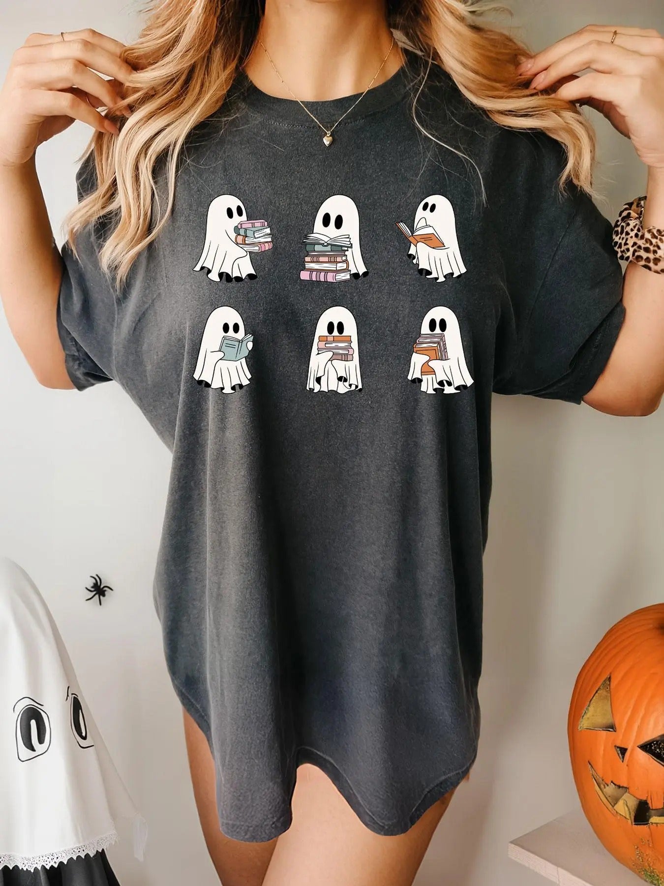 Women's Ghost & Book Print Drop Shoulder Tee, Casual Short Sleeve Round Neck T-shirt for Summer, Women's Top for Daily...